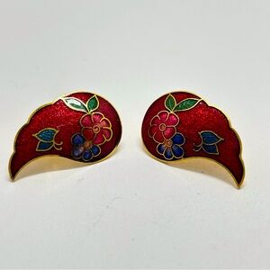 Vintage, Gold And Red Cloisonne Paisley Clip Earrings